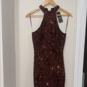 Privy Sequin Halter Midi Dress - Brown